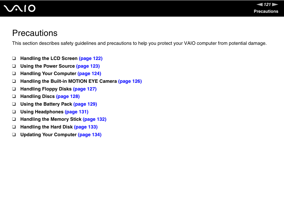 Precautions | Sony USER GUIDE V G N - C S 2 0 0 User Manual | Page 121 / 184
