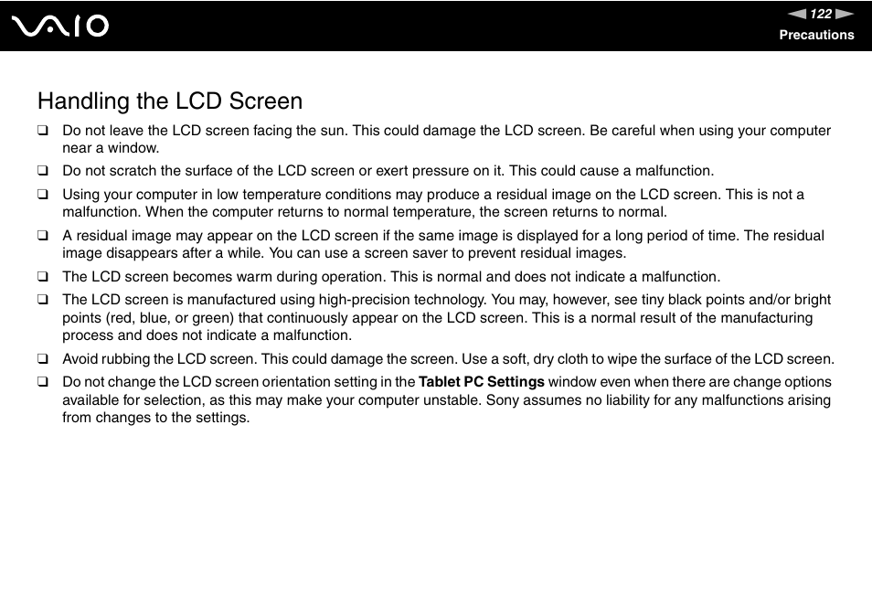 Handling the lcd screen | Sony USER GUIDE V G N - C S 2 0 0 User Manual | Page 122 / 184