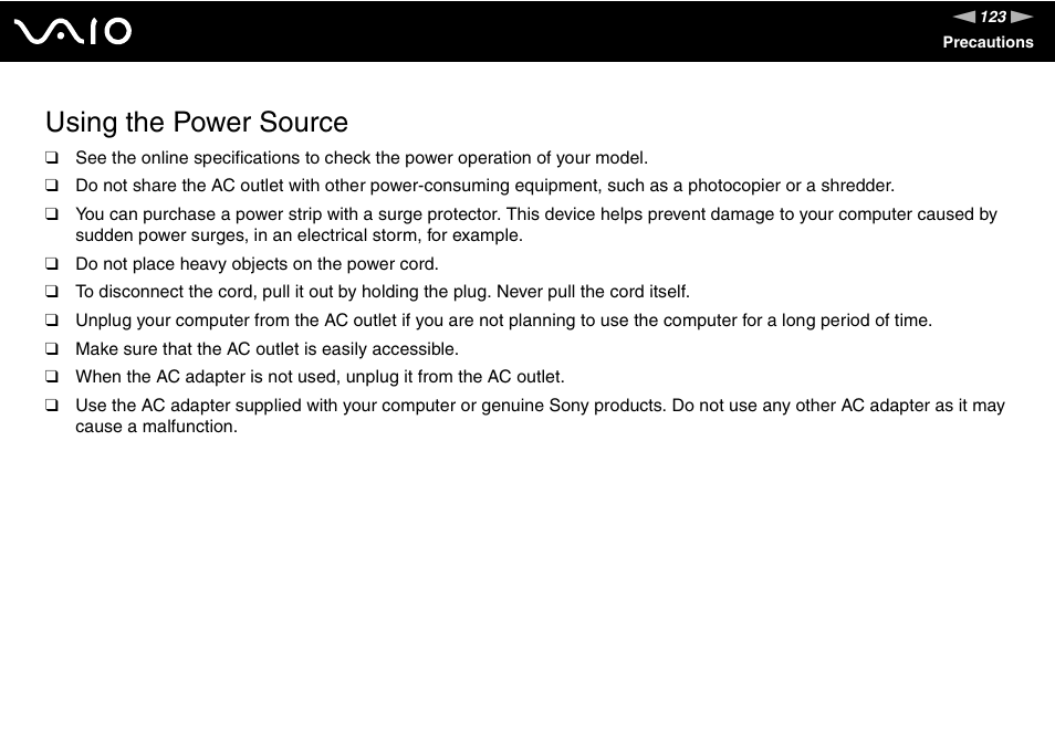 Using the power source | Sony USER GUIDE V G N - C S 2 0 0 User Manual | Page 123 / 184