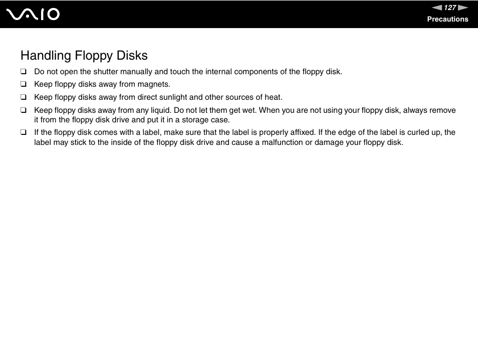 Handling floppy disks | Sony USER GUIDE V G N - C S 2 0 0 User Manual | Page 127 / 184