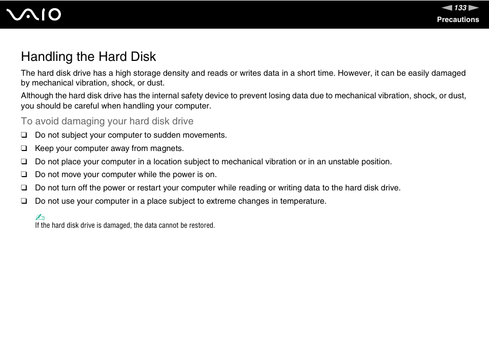 Handling the hard disk | Sony USER GUIDE V G N - C S 2 0 0 User Manual | Page 133 / 184