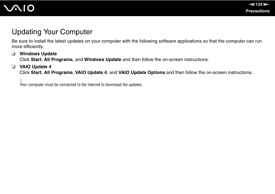 Updating your computer | Sony USER GUIDE V G N - C S 2 0 0 User Manual | Page 134 / 184