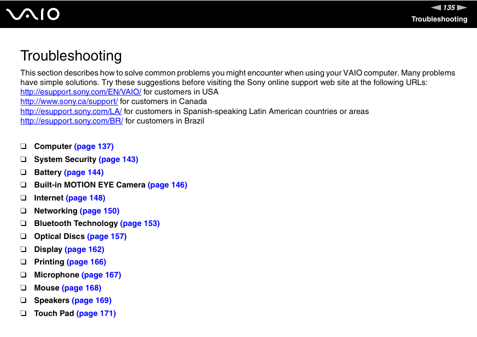 Troubleshooting | Sony USER GUIDE V G N - C S 2 0 0 User Manual | Page 135 / 184