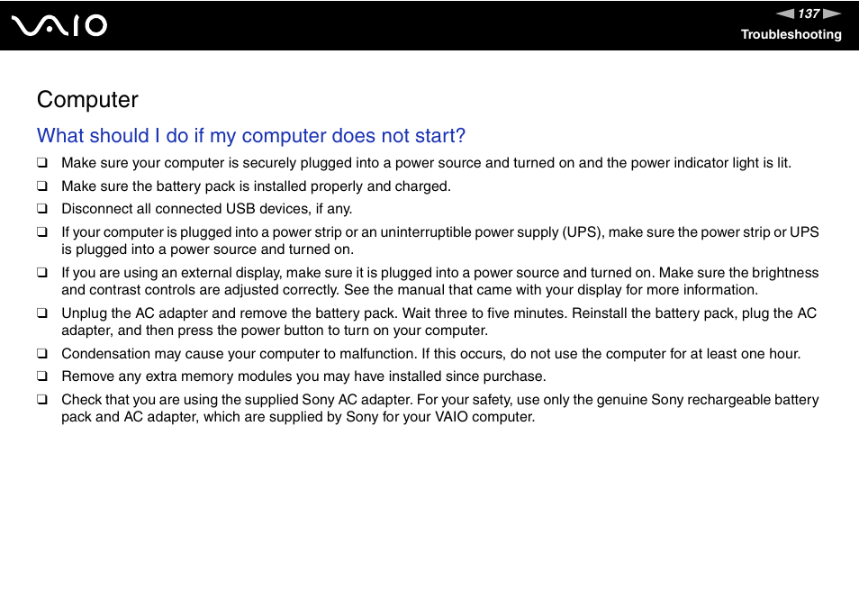 Computer, What should i do if my computer does not start | Sony USER GUIDE V G N - C S 2 0 0 User Manual | Page 137 / 184