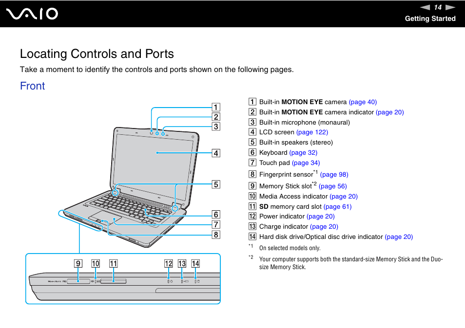 Locating controls and ports, Front | Sony USER GUIDE V G N - C S 2 0 0 User Manual | Page 14 / 184