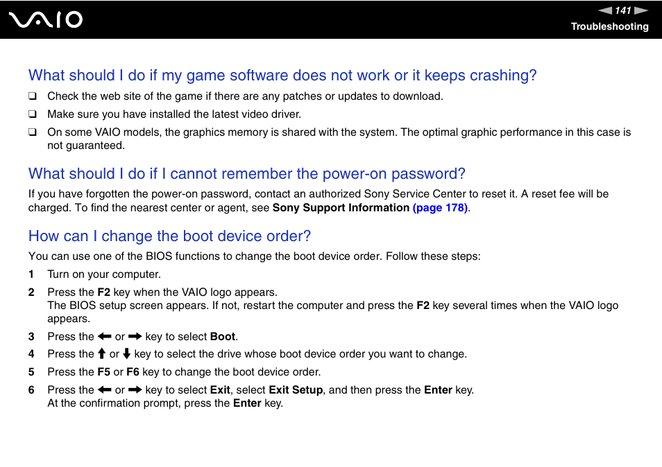 How can i change the boot device order | Sony USER GUIDE V G N - C S 2 0 0 User Manual | Page 141 / 184