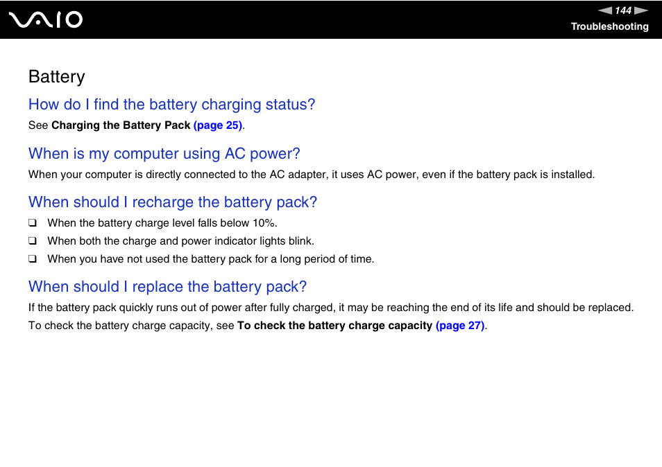 Battery, How do i find the battery charging status, When is my computer using ac power | When should i recharge the battery pack, When should i replace the battery pack | Sony USER GUIDE V G N - C S 2 0 0 User Manual | Page 144 / 184