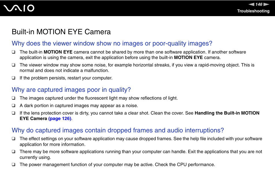 Built-in motion eye camera, Why are captured images poor in quality | Sony USER GUIDE V G N - C S 2 0 0 User Manual | Page 146 / 184