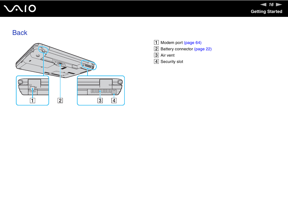 Back | Sony USER GUIDE V G N - C S 2 0 0 User Manual | Page 16 / 184
