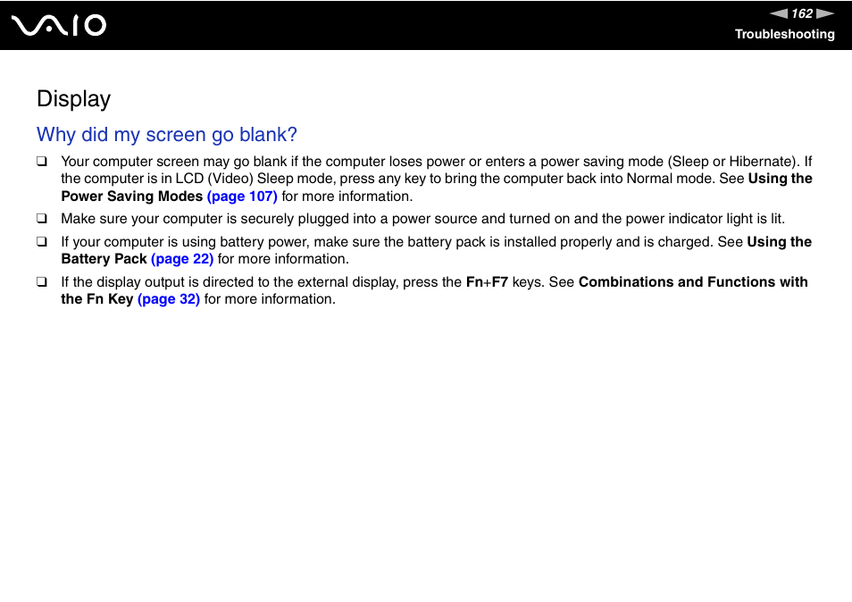 Display, Why did my screen go blank | Sony USER GUIDE V G N - C S 2 0 0 User Manual | Page 162 / 184
