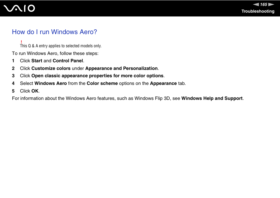 How do i run windows aero | Sony USER GUIDE V G N - C S 2 0 0 User Manual | Page 165 / 184