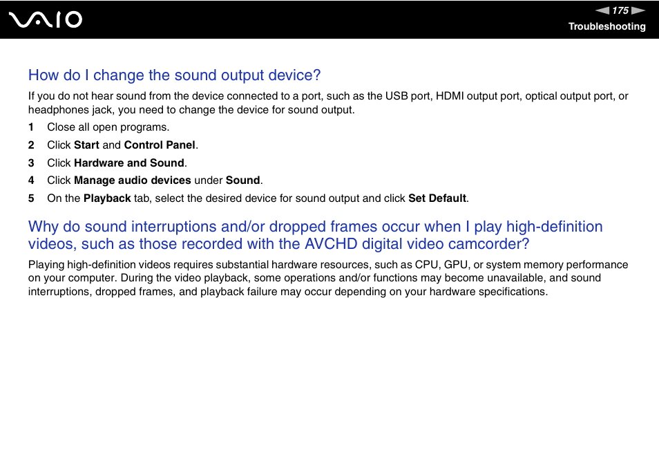 How do i change the sound output device | Sony USER GUIDE V G N - C S 2 0 0 User Manual | Page 175 / 184