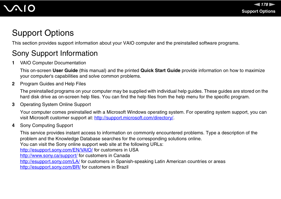 Support options, Sony support information, To vi | Sony USER GUIDE V G N - C S 2 0 0 User Manual | Page 178 / 184