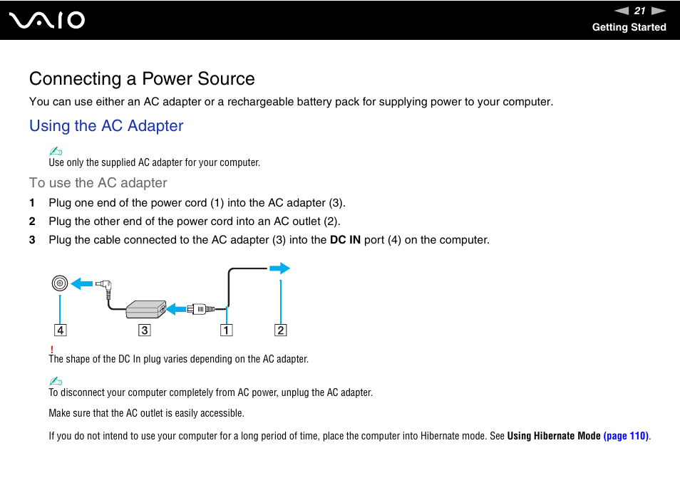 Connecting a power source, Using the ac adapter | Sony USER GUIDE V G N - C S 2 0 0 User Manual | Page 21 / 184