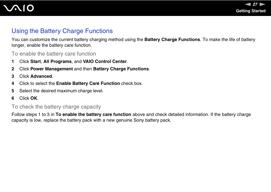 Using the battery charge functions | Sony USER GUIDE V G N - C S 2 0 0 User Manual | Page 27 / 184