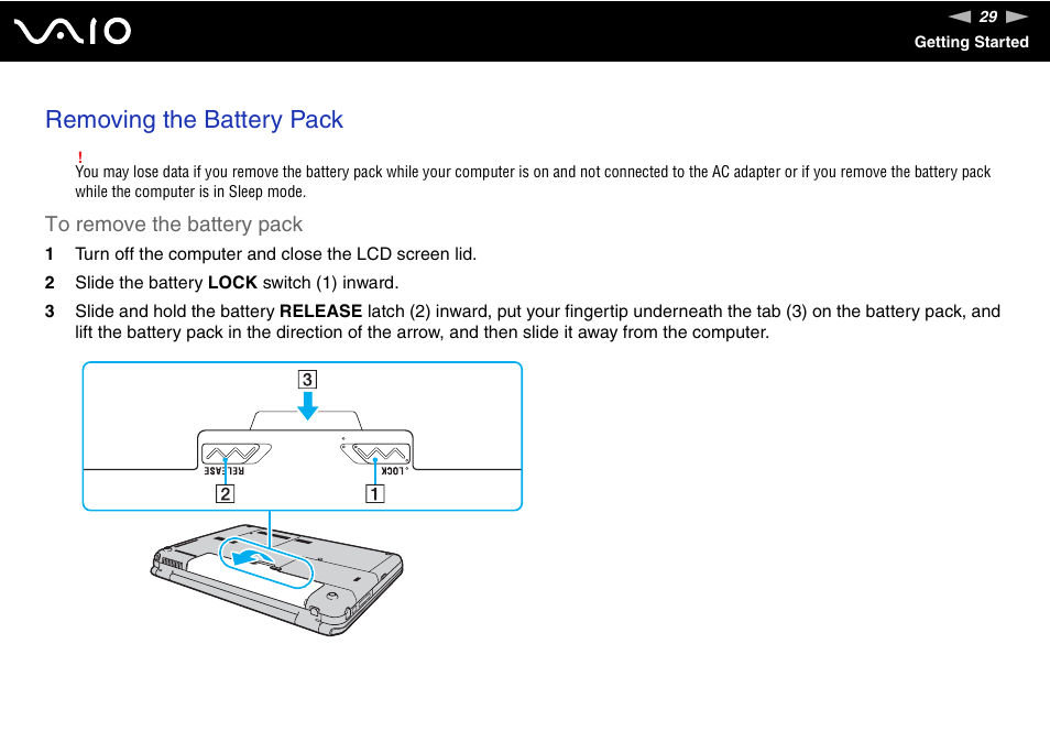 Removing the battery pack | Sony USER GUIDE V G N - C S 2 0 0 User Manual | Page 29 / 184