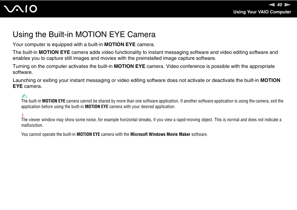 Using the built-in motion eye camera | Sony USER GUIDE V G N - C S 2 0 0 User Manual | Page 40 / 184
