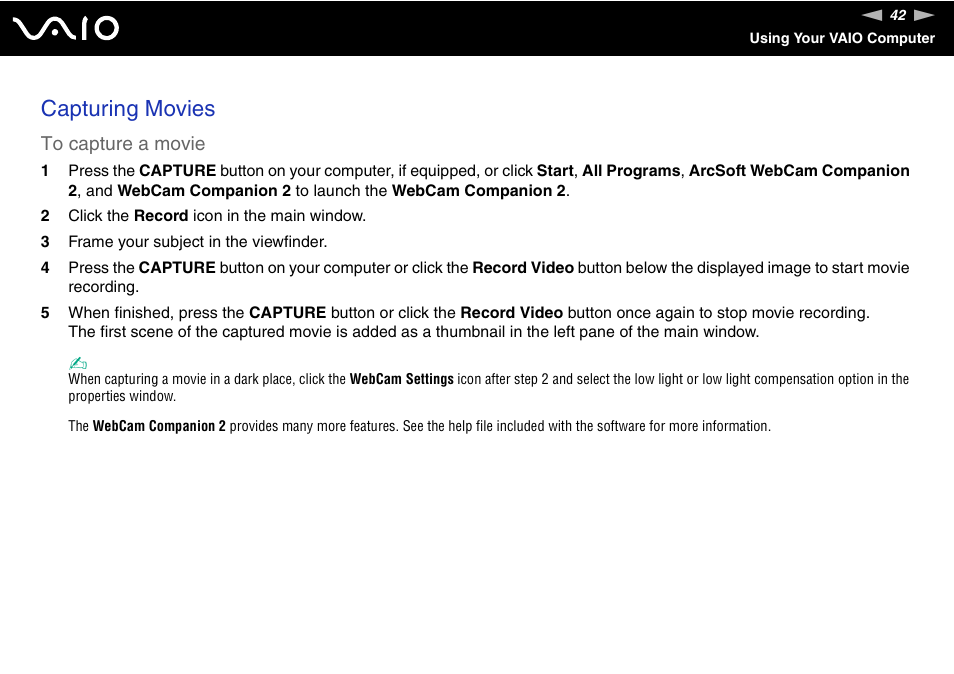 Capturing movies | Sony USER GUIDE V G N - C S 2 0 0 User Manual | Page 42 / 184