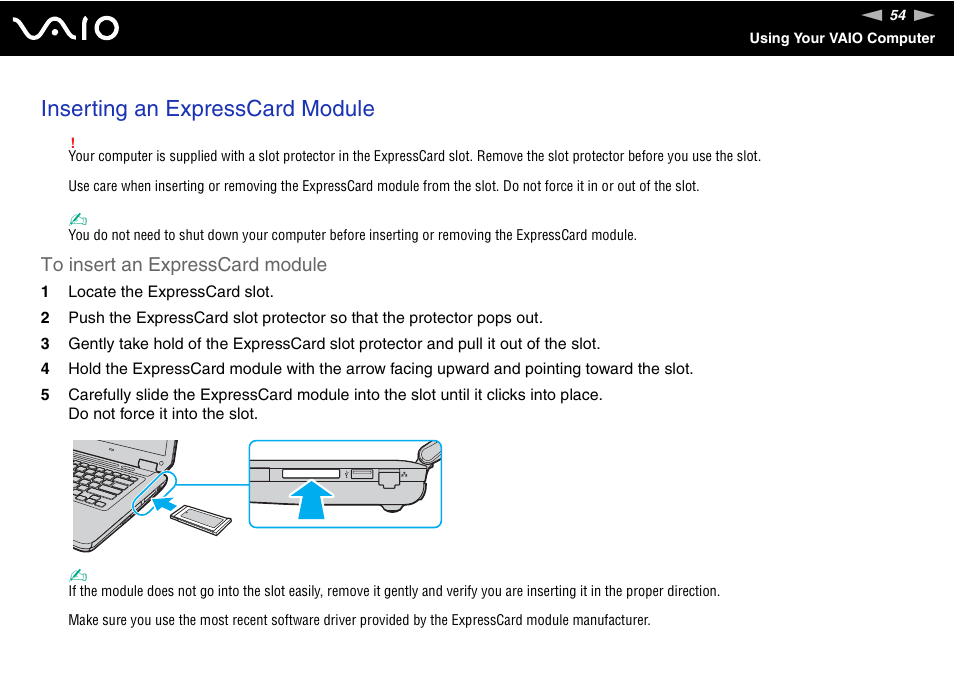 Inserting an expresscard module | Sony USER GUIDE V G N - C S 2 0 0 User Manual | Page 54 / 184