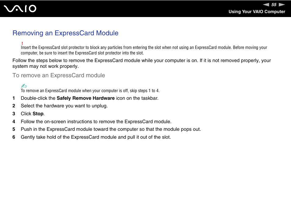 Removing an expresscard module | Sony USER GUIDE V G N - C S 2 0 0 User Manual | Page 55 / 184