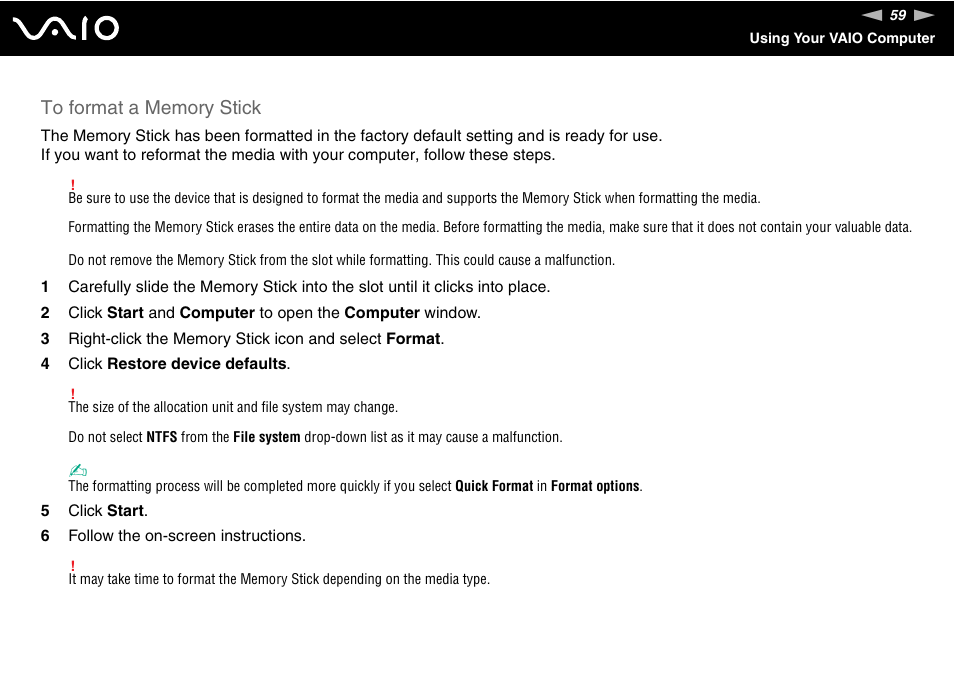 Sony USER GUIDE V G N - C S 2 0 0 User Manual | Page 59 / 184