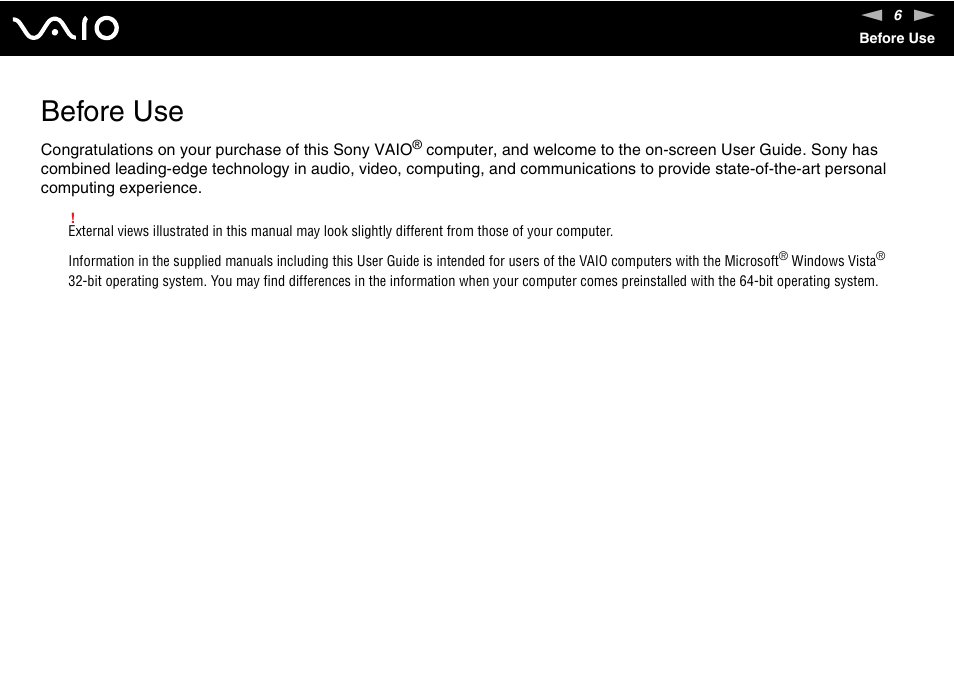 Before use | Sony USER GUIDE V G N - C S 2 0 0 User Manual | Page 6 / 184