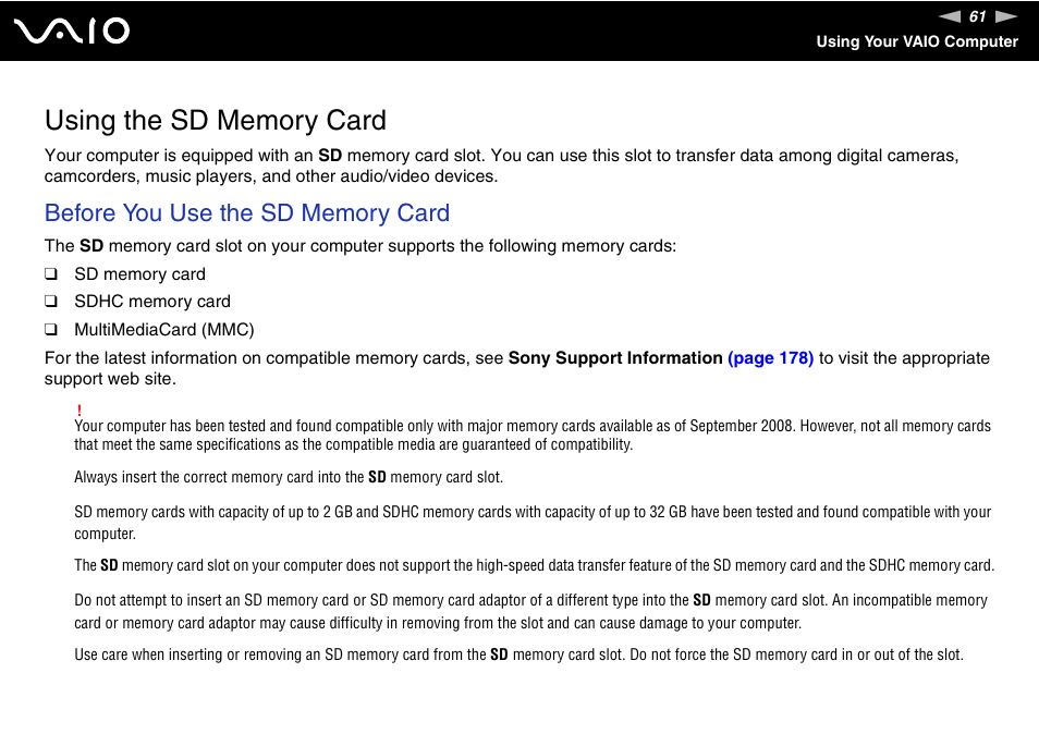 Using the sd memory card | Sony USER GUIDE V G N - C S 2 0 0 User Manual | Page 61 / 184
