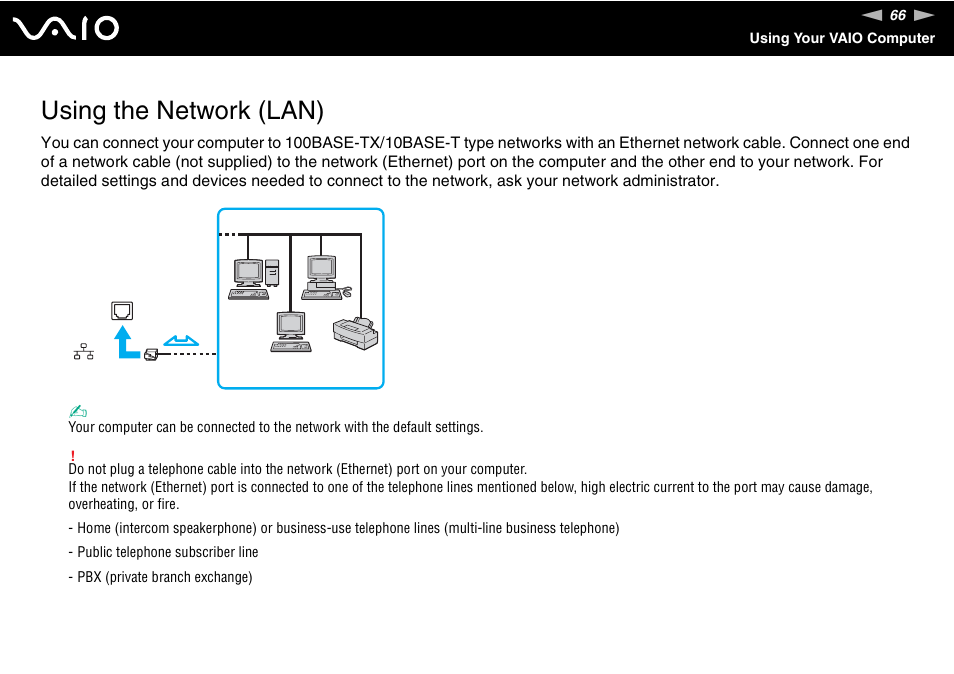 Using the network (lan) | Sony USER GUIDE V G N - C S 2 0 0 User Manual | Page 66 / 184