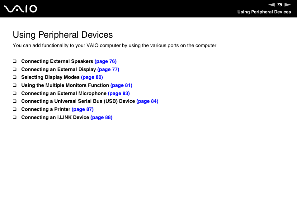 Using peripheral devices | Sony USER GUIDE V G N - C S 2 0 0 User Manual | Page 75 / 184
