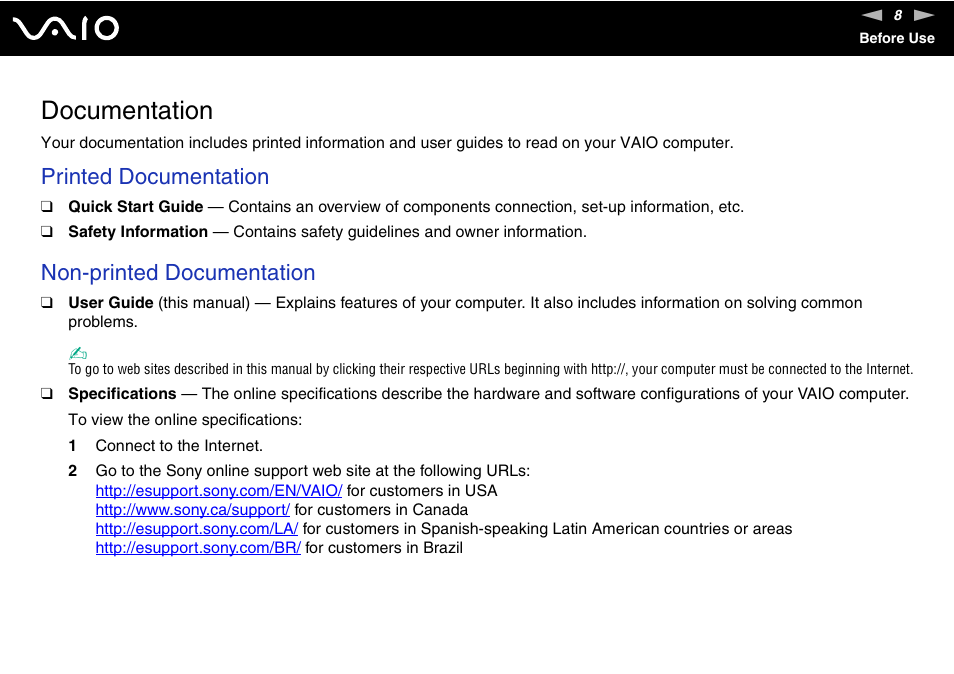 Documentation, Printed documentation, Non-printed documentation | Sony USER GUIDE V G N - C S 2 0 0 User Manual | Page 8 / 184