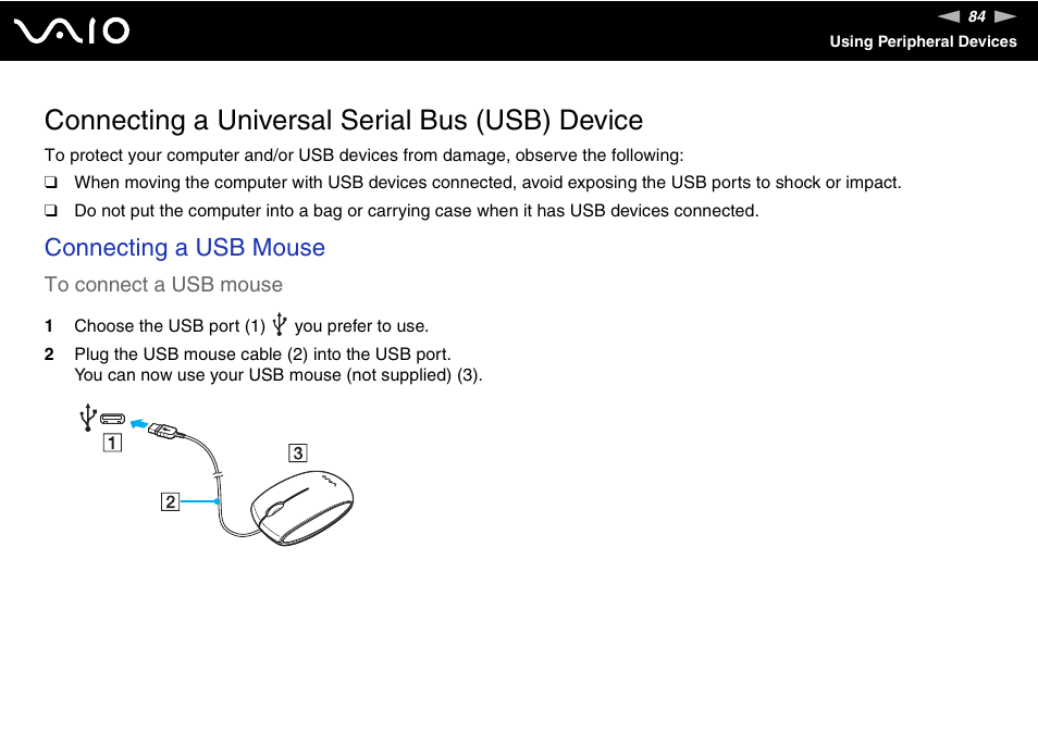 Connecting a universal serial bus (usb) device, Connecting a usb mouse | Sony USER GUIDE V G N - C S 2 0 0 User Manual | Page 84 / 184