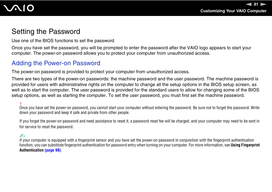 Setting the password, Adding the power-on password | Sony USER GUIDE V G N - C S 2 0 0 User Manual | Page 91 / 184