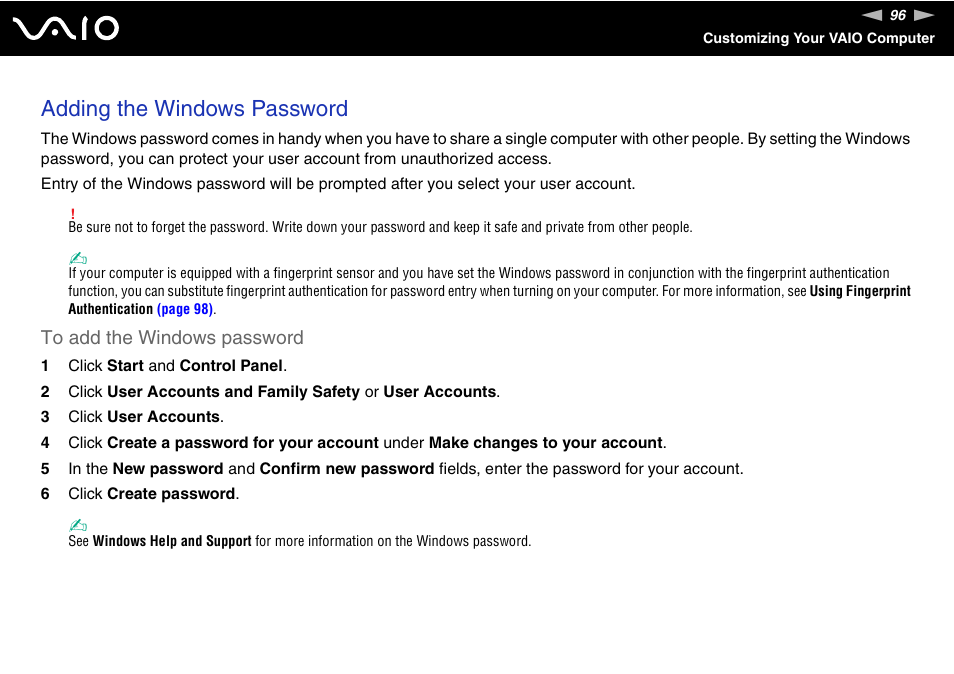 Adding the windows password | Sony USER GUIDE V G N - C S 2 0 0 User Manual | Page 96 / 184
