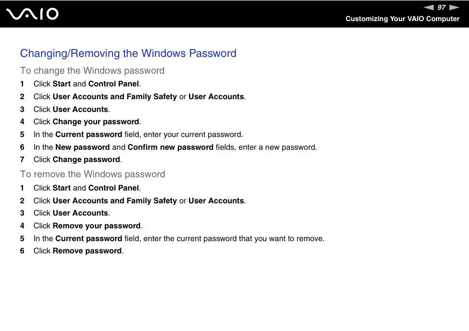Changing/removing the windows password | Sony USER GUIDE V G N - C S 2 0 0 User Manual | Page 97 / 184