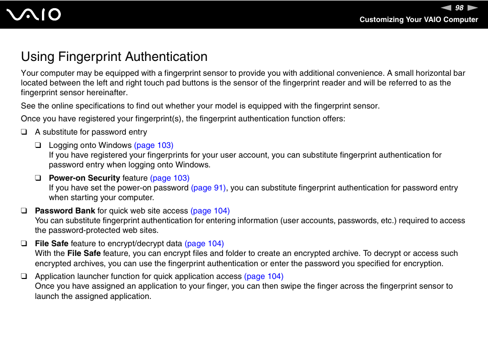 Using fingerprint authentication | Sony USER GUIDE V G N - C S 2 0 0 User Manual | Page 98 / 184