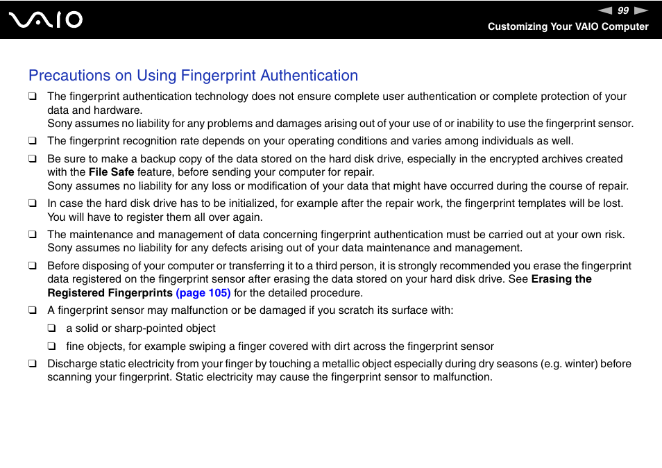 Precautions on using fingerprint authentication | Sony USER GUIDE V G N - C S 2 0 0 User Manual | Page 99 / 184