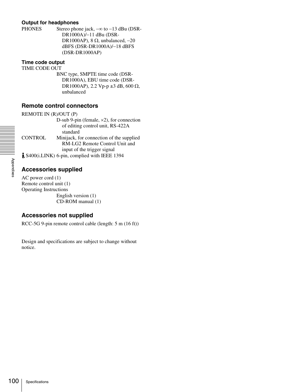 Remote control connectors, Accessories supplied, Accessories not supplied | Sony DSR-DR1000A User Manual | Page 100 / 105