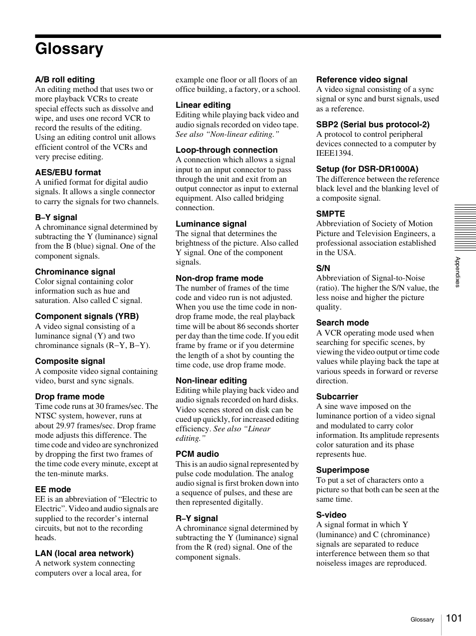 Glossary | Sony DSR-DR1000A User Manual | Page 101 / 105