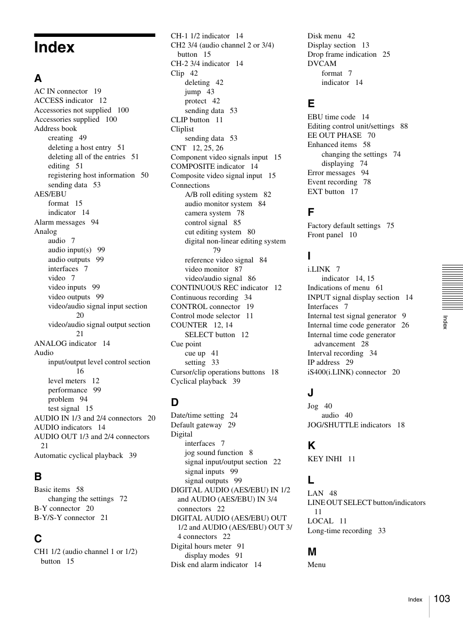 Index | Sony DSR-DR1000A User Manual | Page 103 / 105
