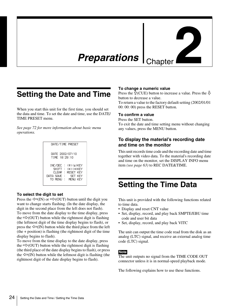 Chapter 2 preparations, Setting the date and time, Setting the time data | Setting the date and time setting the time data, Preparations, Chapter | Sony DSR-DR1000A User Manual | Page 24 / 105
