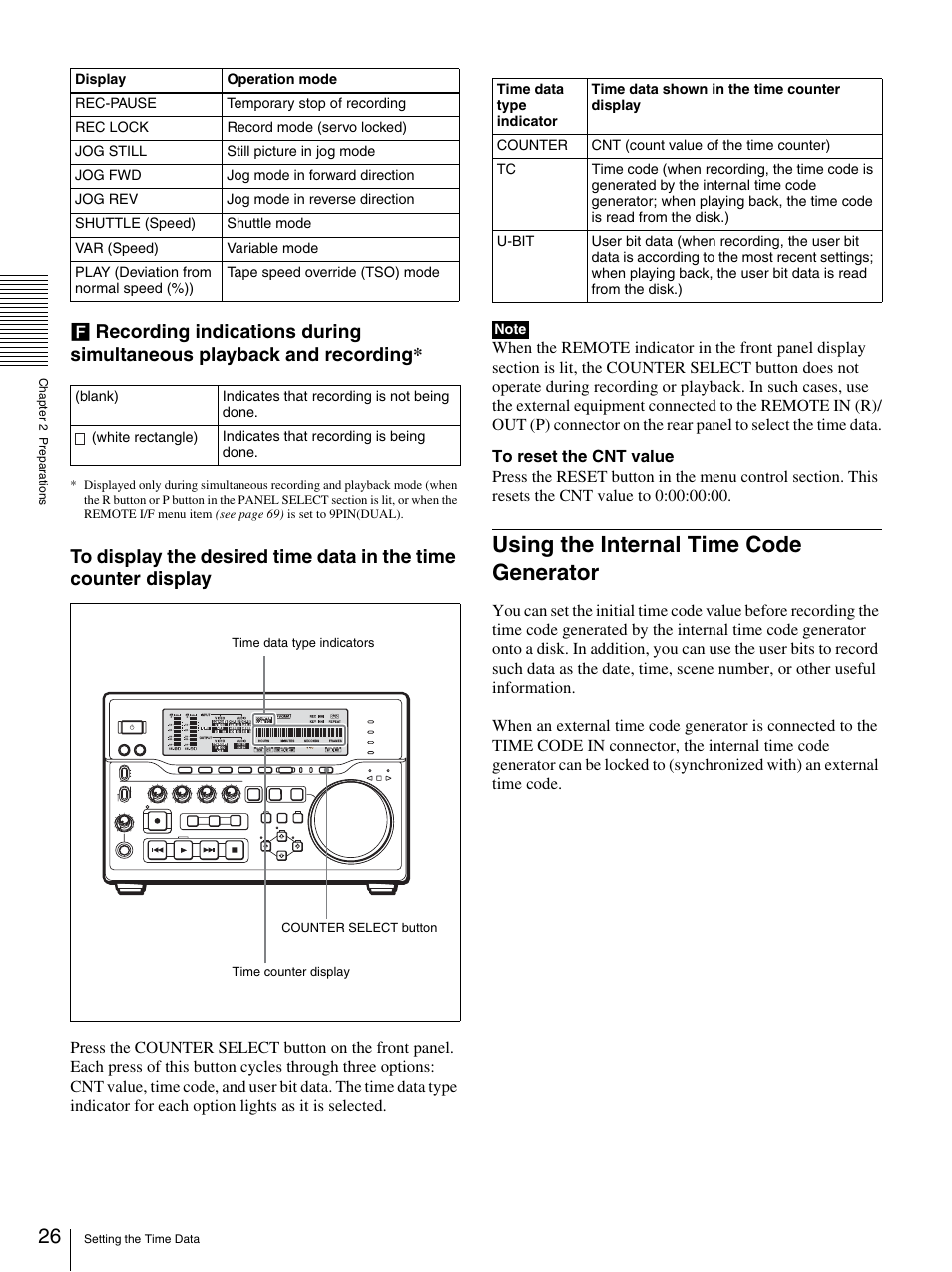 Using the internal time code generator | Sony DSR-DR1000A User Manual | Page 26 / 105