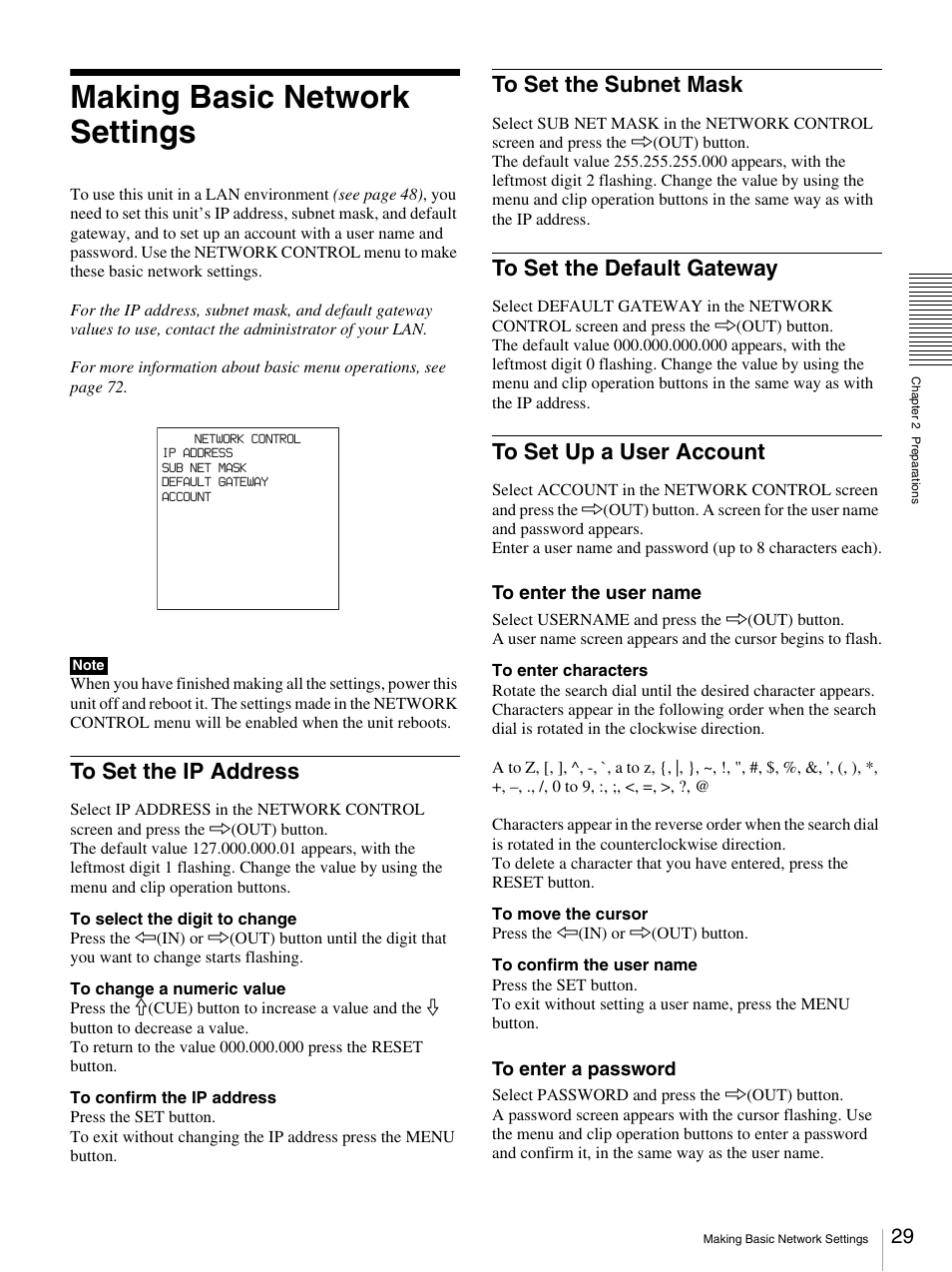 Making basic network settings, To set the ip address, To set the subnet mask | To set the default gateway, To set up a user account | Sony DSR-DR1000A User Manual | Page 29 / 105