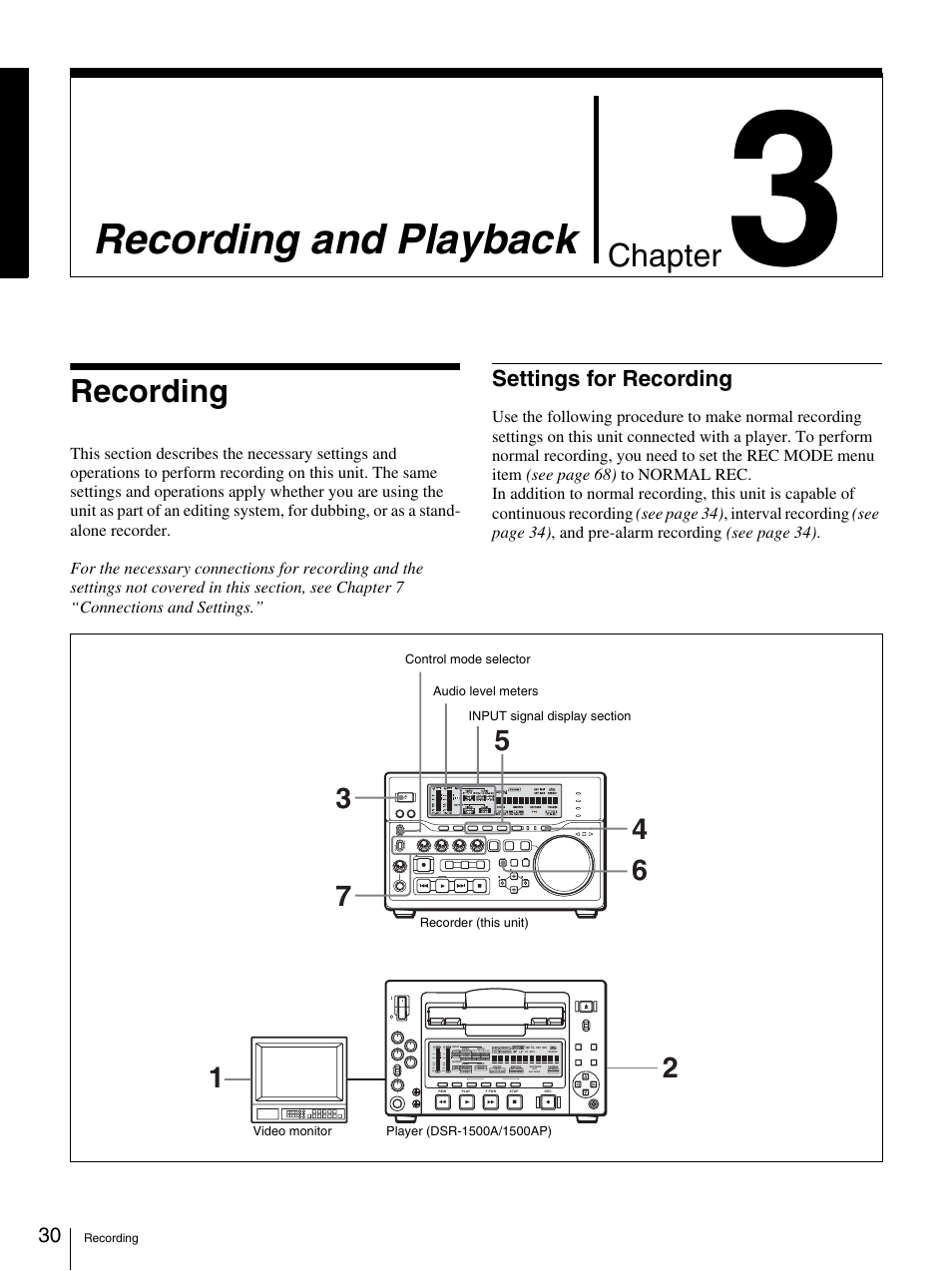 Chapter 3 recording and playback, Recording, Settings for recording | Recording and playback, Chapter | Sony DSR-DR1000A User Manual | Page 30 / 105