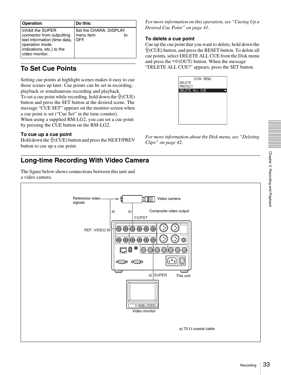 To set cue points, Long-time recording with video camera | Sony DSR-DR1000A User Manual | Page 33 / 105