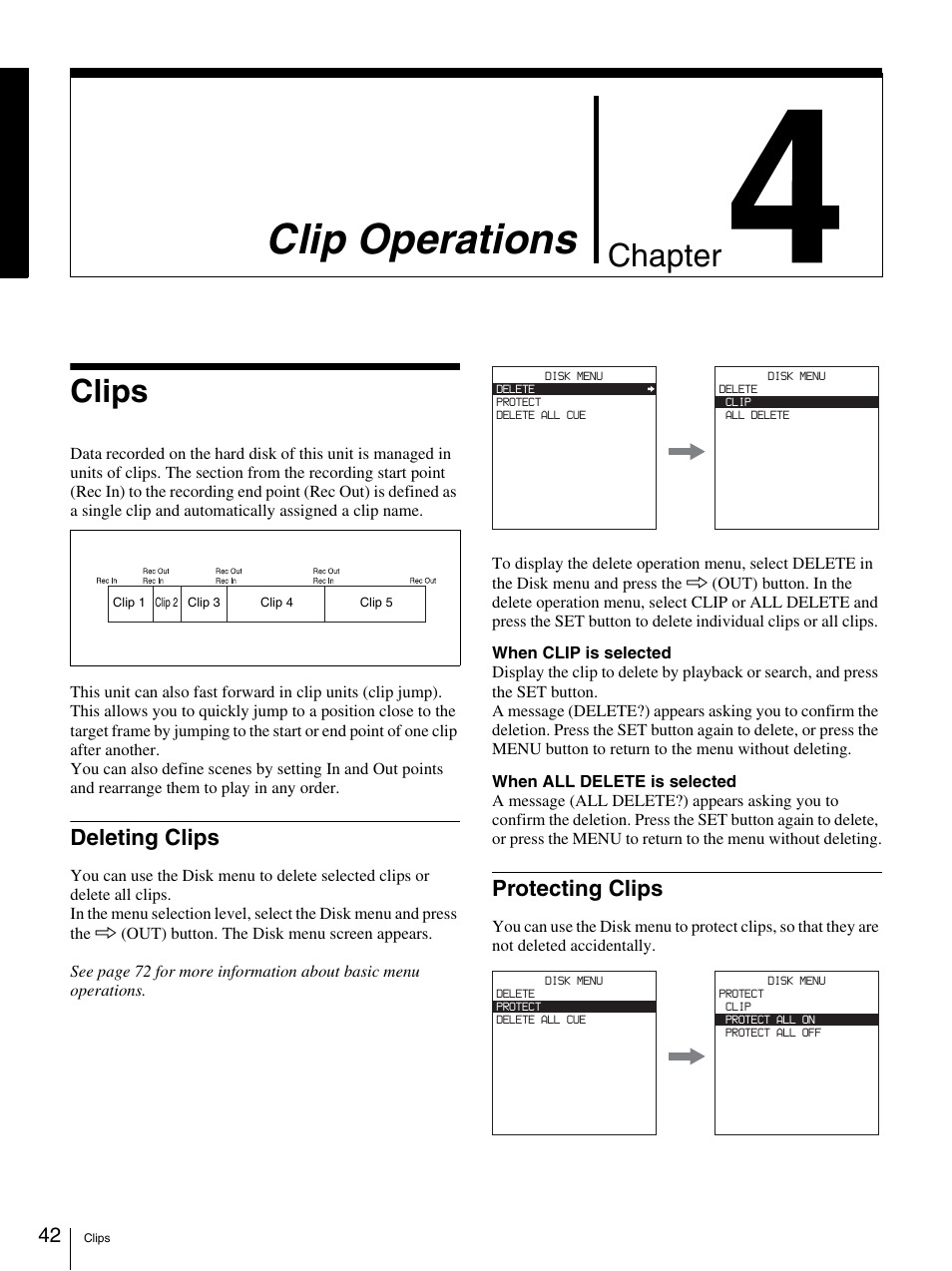 Chapter 4 clip operations, Clips, Deleting clips | Protecting clips, Clip operations, Chapter | Sony DSR-DR1000A User Manual | Page 42 / 105