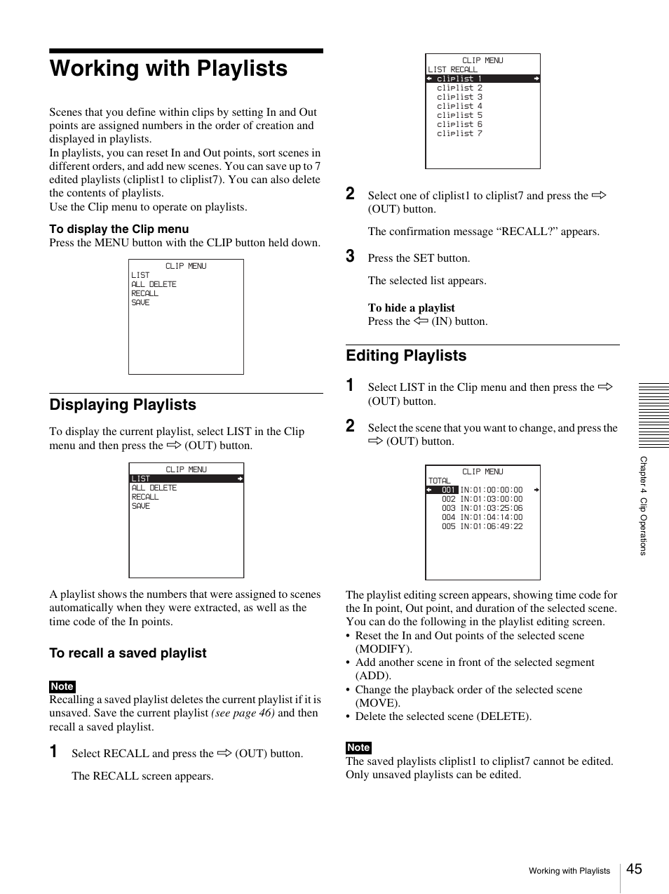 Working with playlists, Displaying playlists, Editing playlists | Sony DSR-DR1000A User Manual | Page 45 / 105