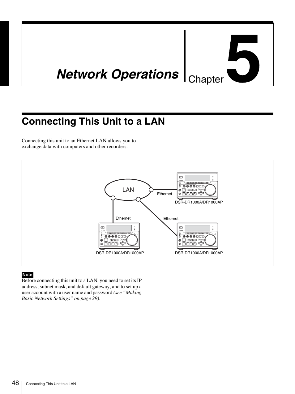 Chapter 5 network operations, Connecting this unit to a lan, Network operations | Chapter | Sony DSR-DR1000A User Manual | Page 48 / 105