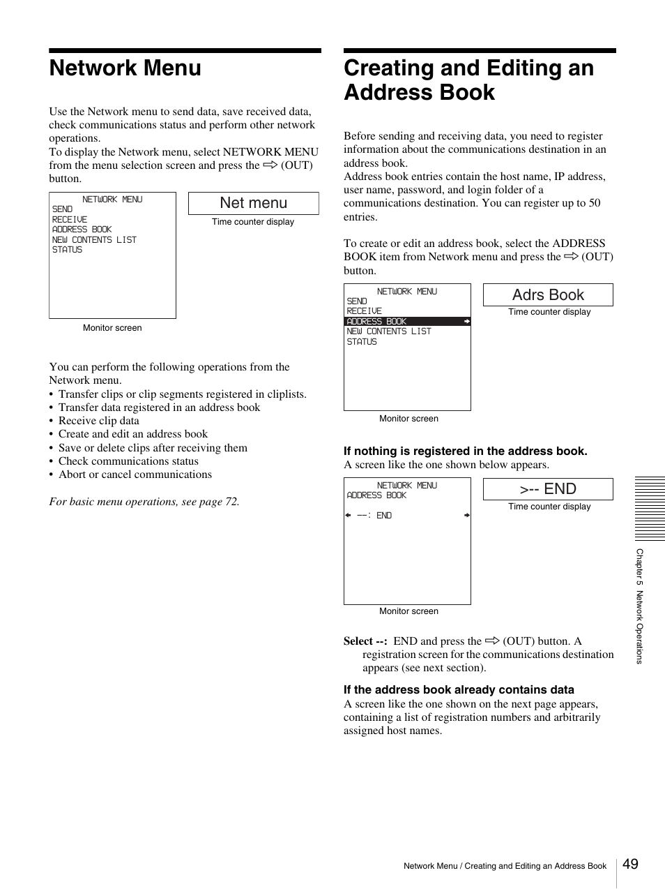 Network menu, Creating and editing an address book, Network menu creating and editing an address book | Net menu, Adrs book | Sony DSR-DR1000A User Manual | Page 49 / 105