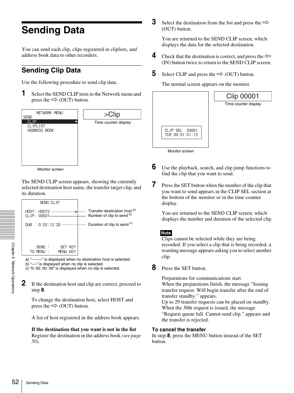 Sending data, Sending clip data, Clip | Sony DSR-DR1000A User Manual | Page 52 / 105