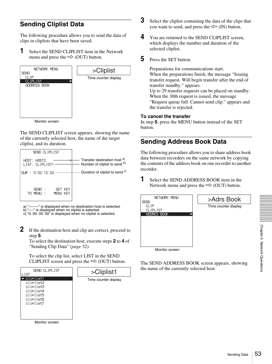 Sending cliplist data, Sending address book data, Cliplist | Cliplist1, Adrs book | Sony DSR-DR1000A User Manual | Page 53 / 105